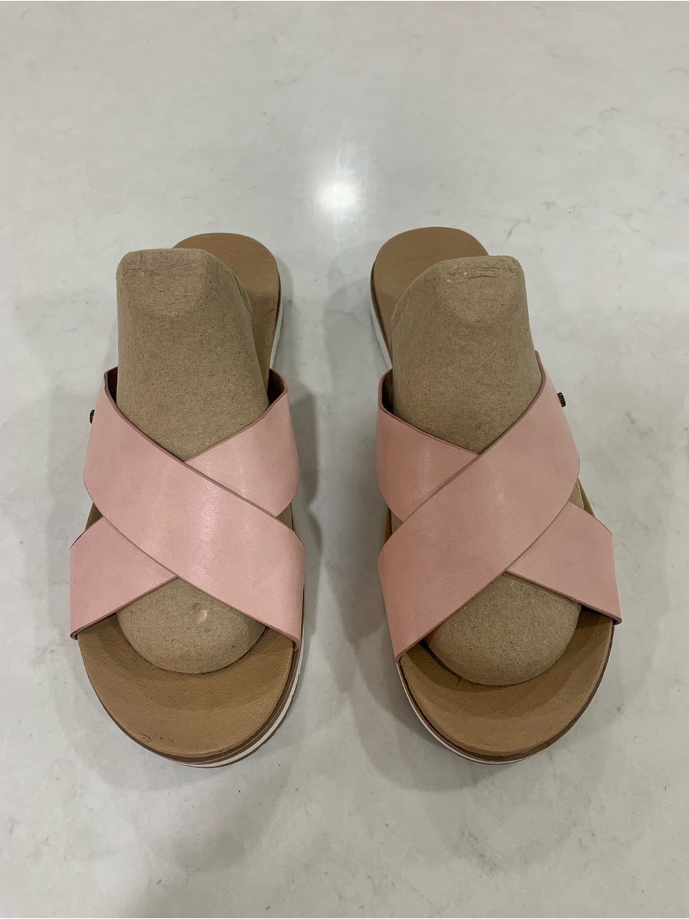 Catherine Malandrino Blush Pink Crisscross Slide Sandals